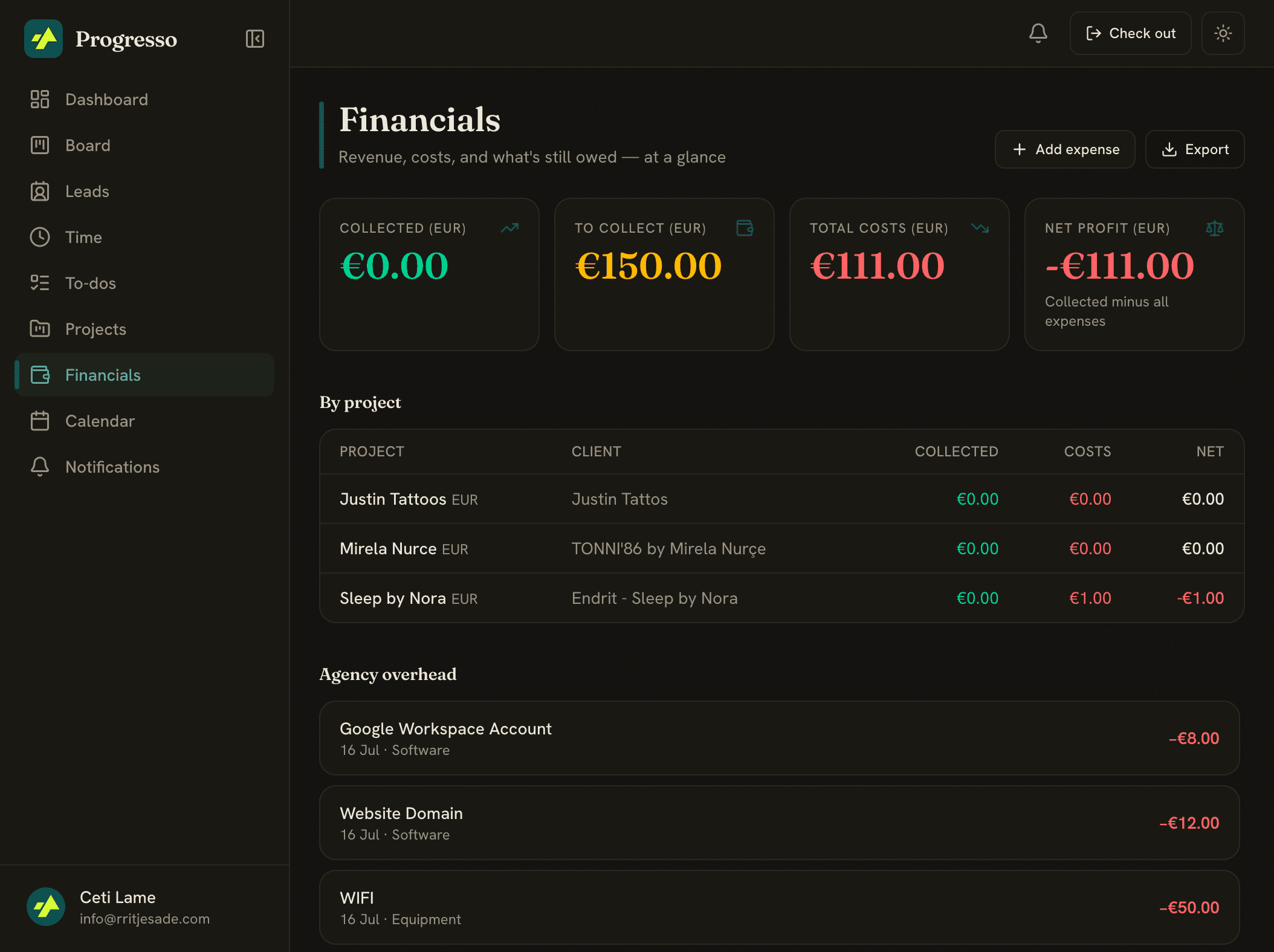 The Progresso financials page showing collected, outstanding, costs and net profit with a per-project breakdown.